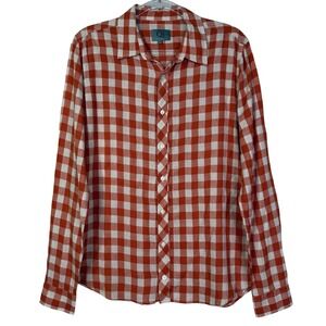 Qi New York Shirt Womens Medium Orange White Gingham Linen Cotton Button Up